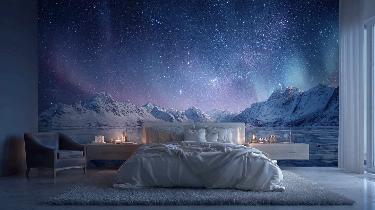 Recámara de lujo decorada con papel tapiz texturizado de cielo estrellado y montañas nevadas