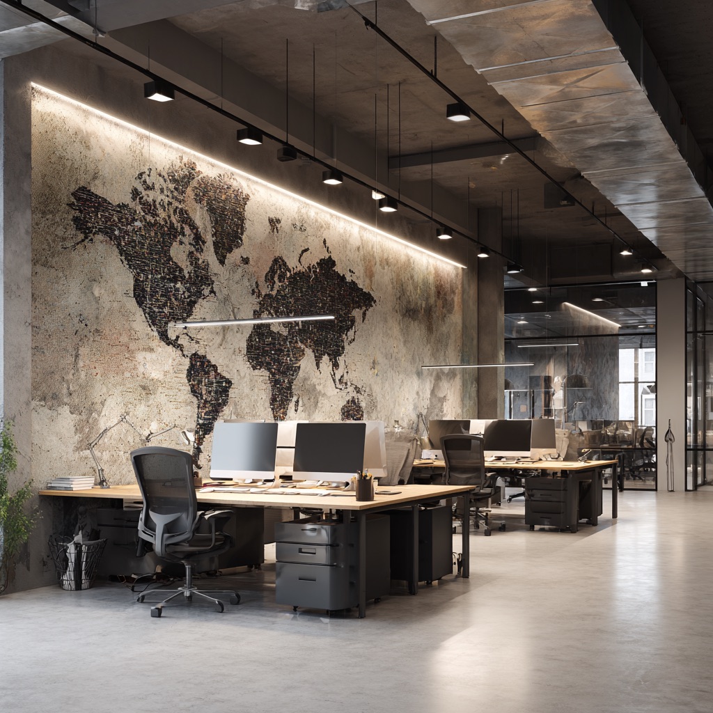 Oficina corporativa moderna con papel tapiz decorativo de mapa mundial vintage